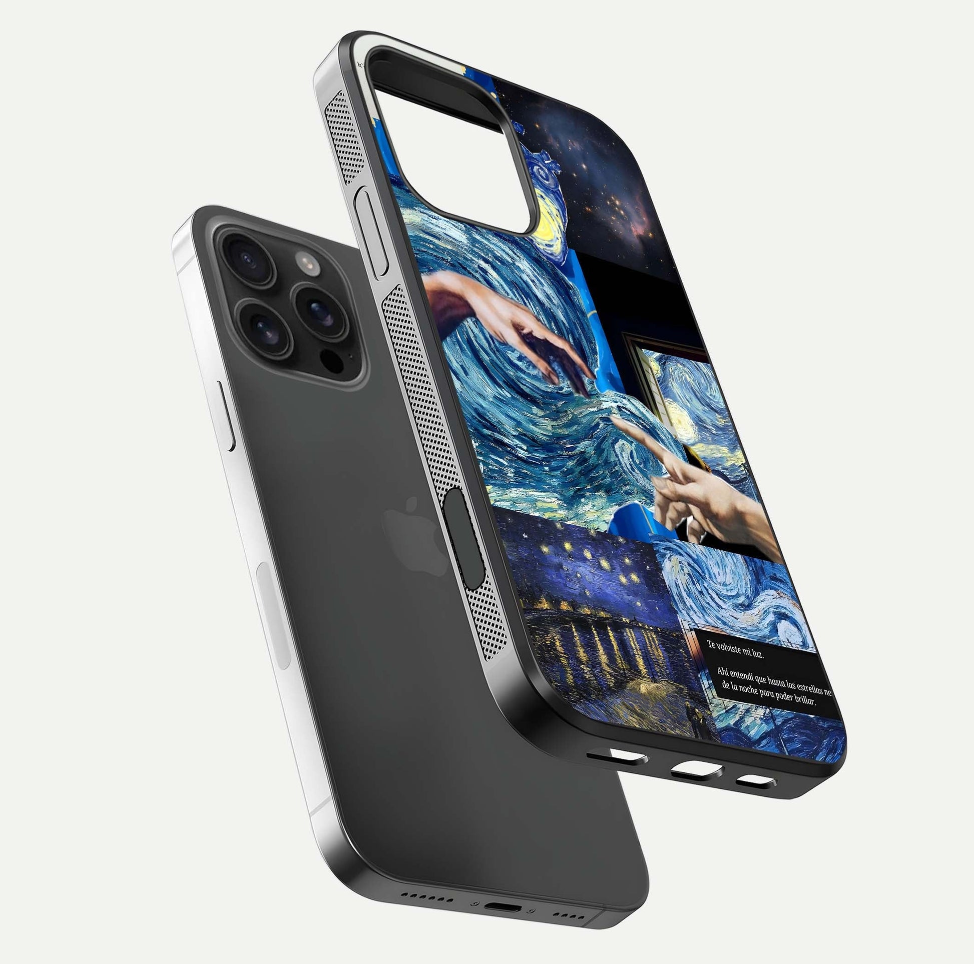 Aesthetic Vando Hands Glass Case for iPhone 16 Pro Max floating dual-view mockup showing slim edge profile and high-definition gloss