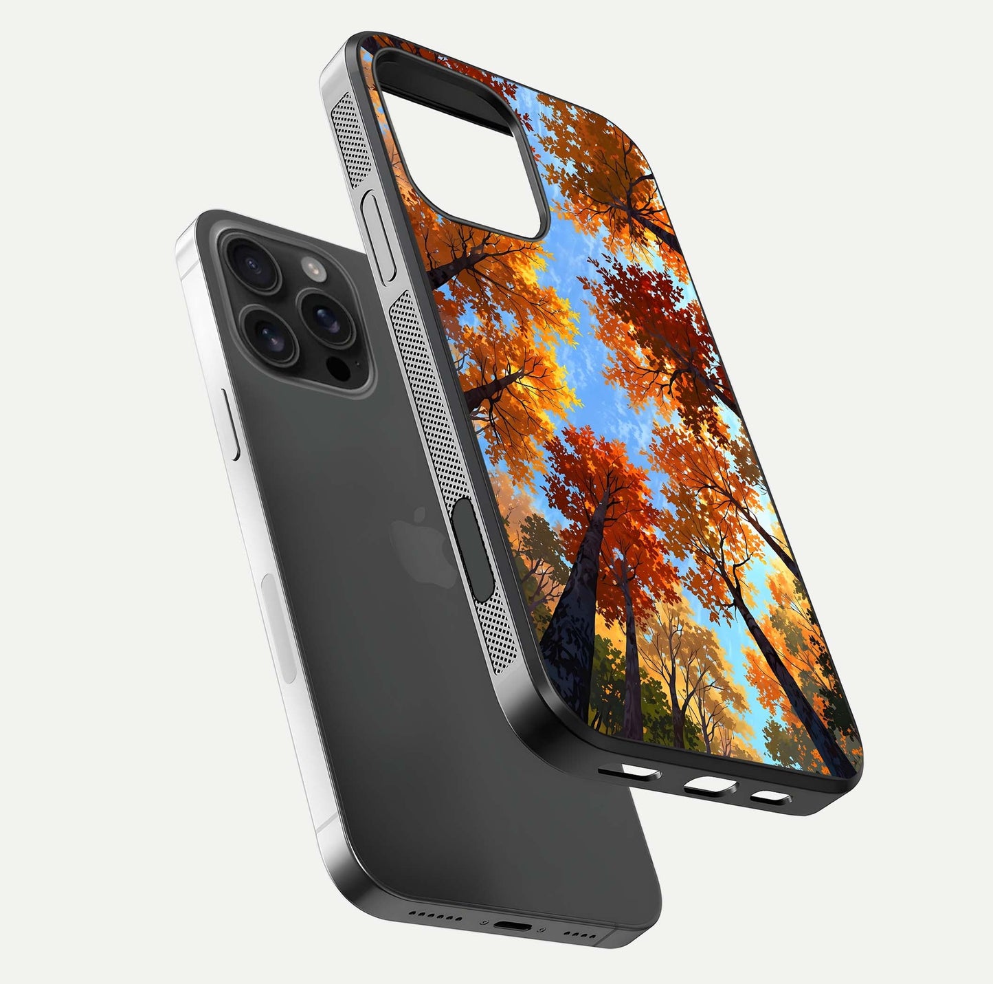 Autumn Sky Rise Glass Case for iPhone 16 Pro Max floating dual-view mockup with sky horizon and glossy highlights