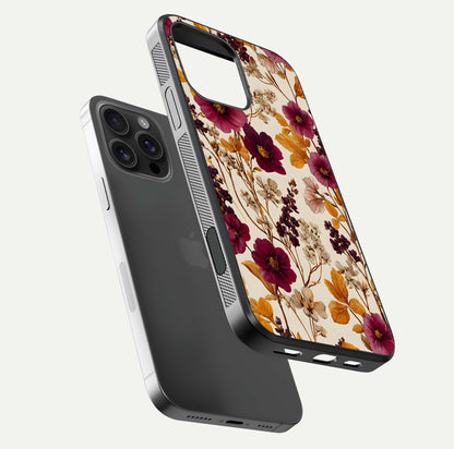 Autumn Wine Bloom Glass Case for iPhone 16 Pro Max floating mockup with premium floral gradient and protection edge