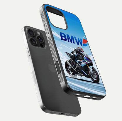 BMW Power Drift Glass Case for iPhone 16 Pro Max floating mockup displaying bold drift artwork and glossy polish