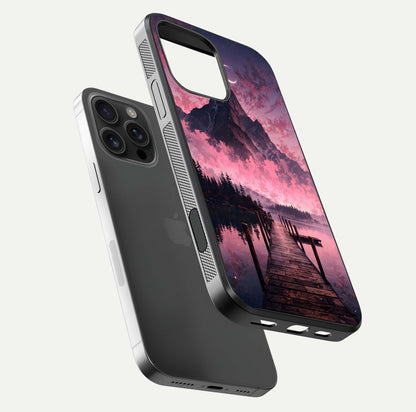 Beautyful Mountain View Glass Case for iPhone 16 Pro Max floating dual mockup showing edges and reflective sky print