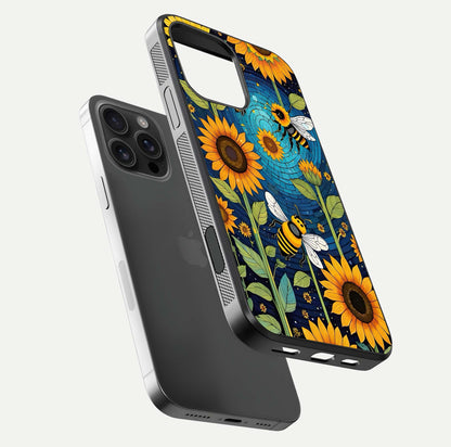 Bees & Sunflowers Glass Case for iPhone 16 Pro Max floating dual-view mockup displaying vibrant yellow tones and gloss texture