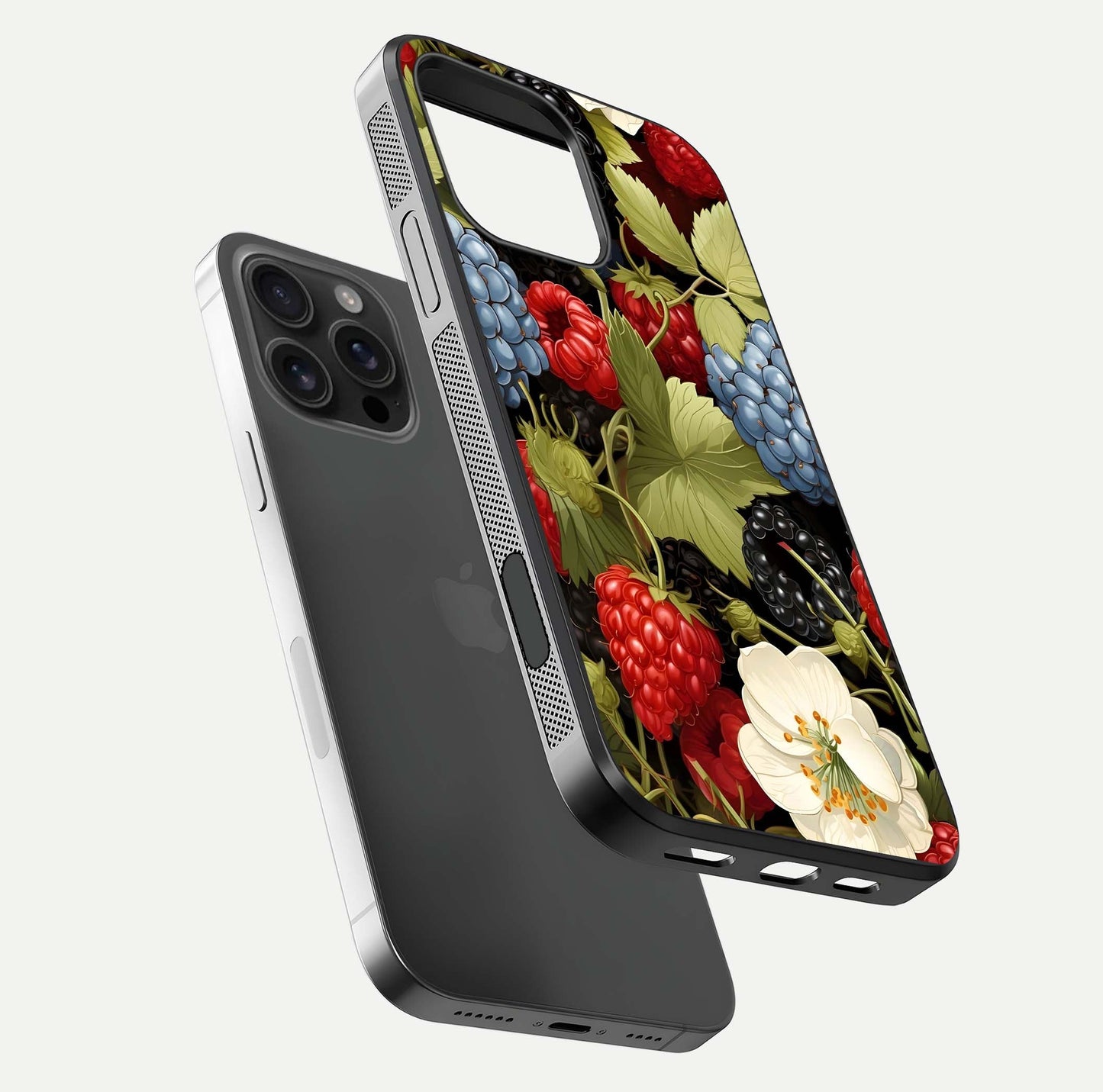 Berry Bloom Charm Glass Case for iPhone 16 Pro Max floating mockup capturing glossy reflection and curved-edge finish