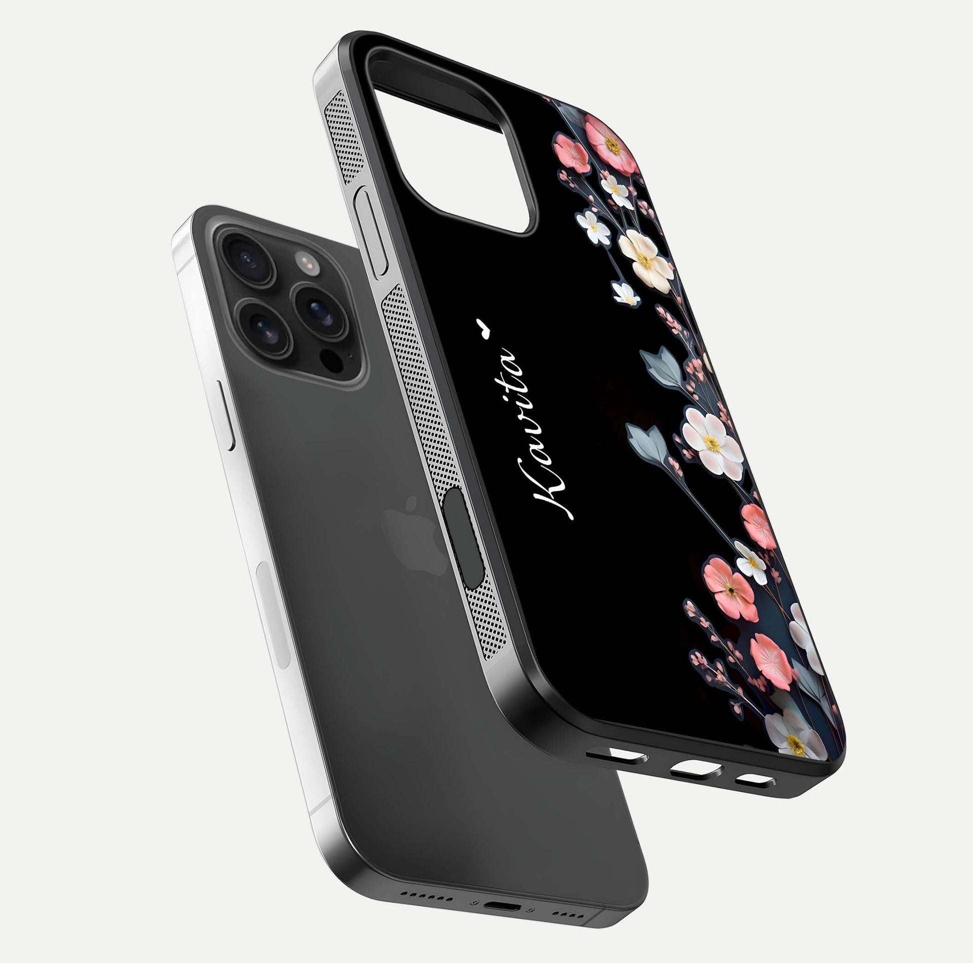 Black Elegance Floral Custom Name Glass Case for iPhone 16 Pro Max floating mockup emphasizing premium shine and floral art