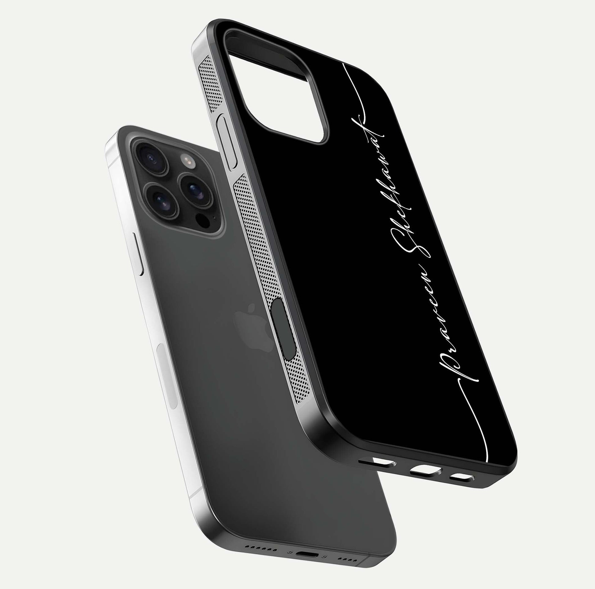 Black Tune Custom Name Glass Case for iPhone 16 Pro Max floating dual-view mockup emphasizing modern glossy texture