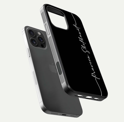 Black Tune Custom Name Glass Case for iPhone 16 Pro Max floating dual-view mockup emphasizing modern glossy texture