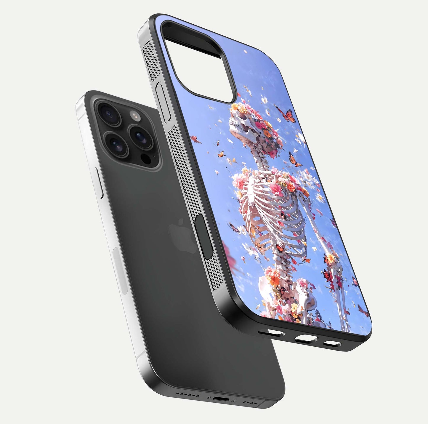 Bloom Beyond Bones Glass Case for iPhone 16 Pro Max floating mockup displaying shine, texture, and gloss detail