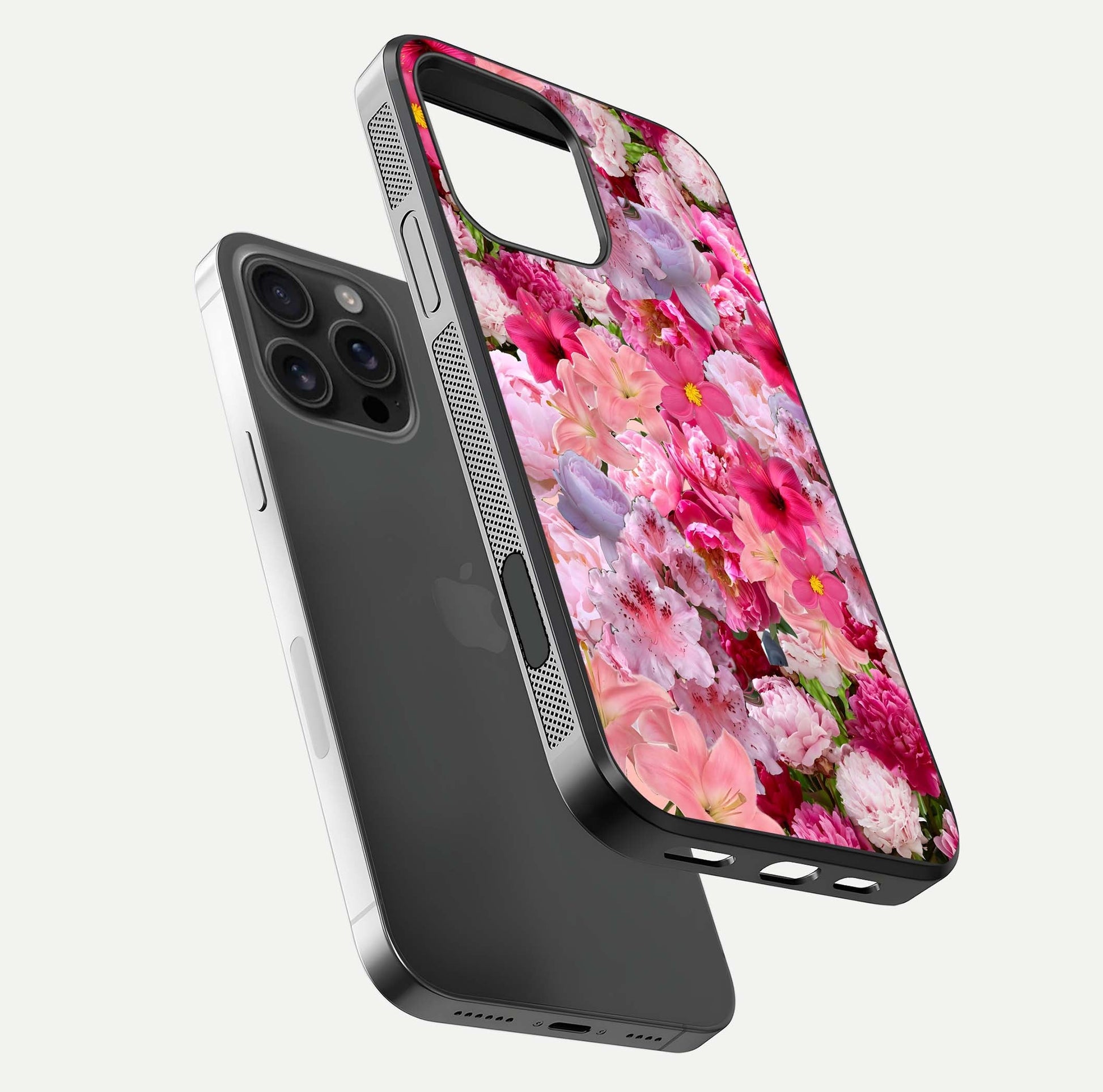 Bloom Crush Fantasy Glass Case for iPhone 16 Pro Max floating mockup showing floral pattern clarity and HD glass