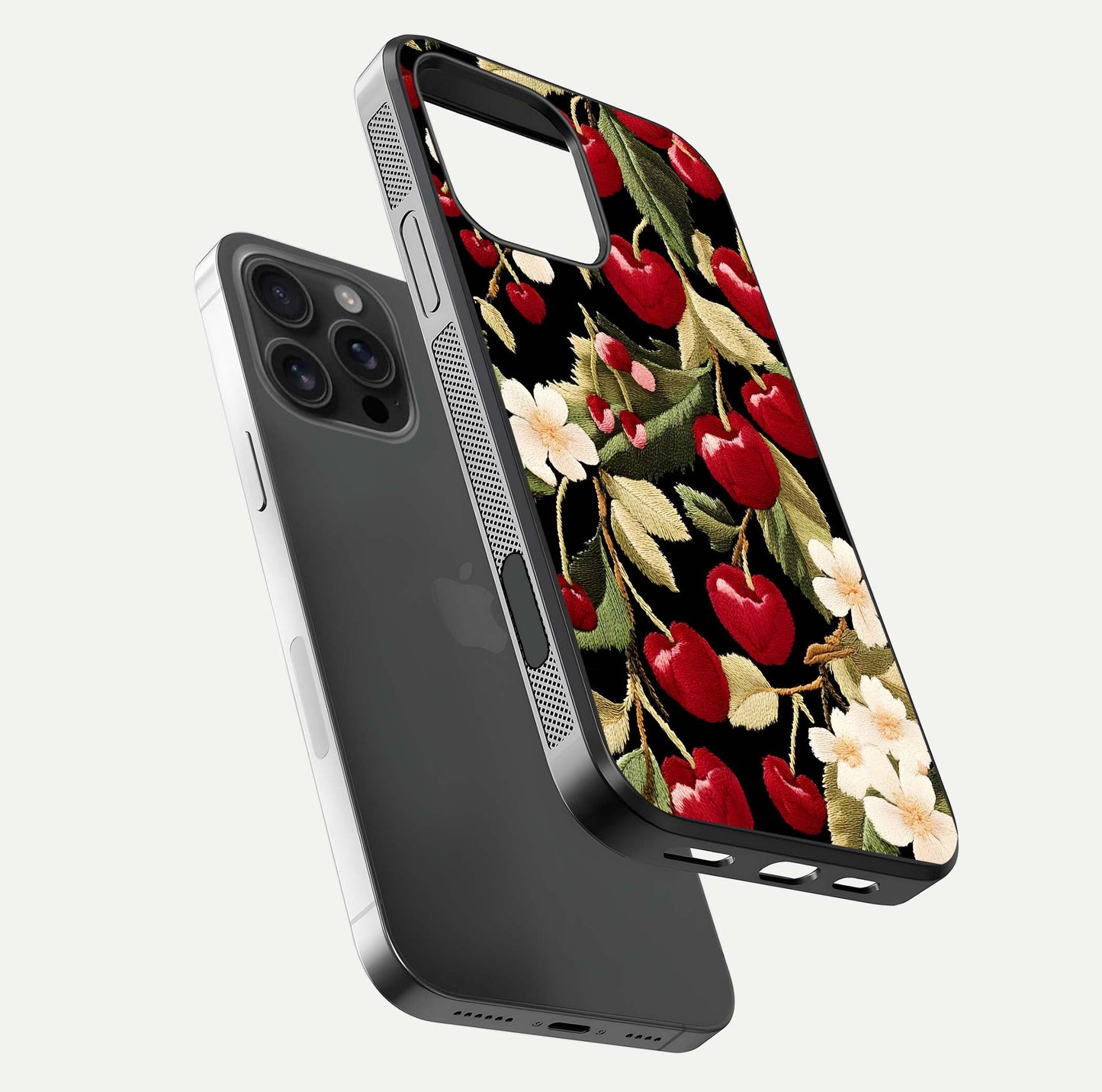 Bloom Thread Art Glass Case for iPhone 16 Pro Max floating mockup showing premium reflection and stitched art vibe