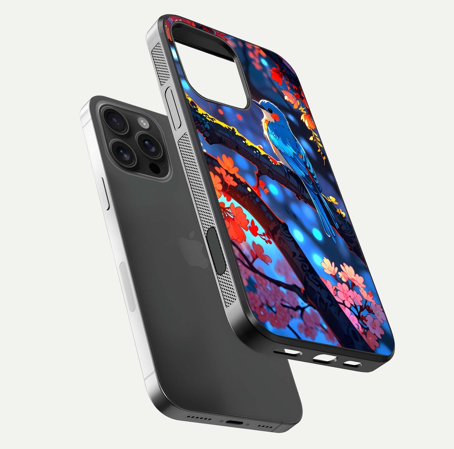Blooming Spendor Bird Glass Case for iPhone 16 Pro Max floating dual-mockup capturing gloss tone and curved texture