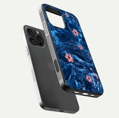 Blooming Water Drift Glass Case for iPhone 16 Pro Max floating dual-view mockup showing floral drift pattern and reflective surface
