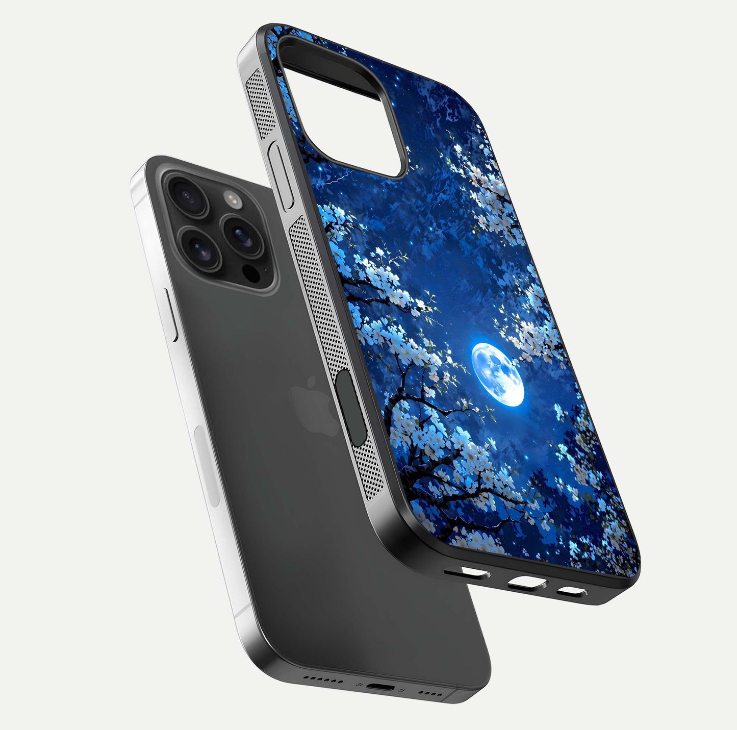 Blossom Moonlight Sky Glass Case for iPhone 16 Pro Max floating mockup showing glowing moon accent and HD gloss texture