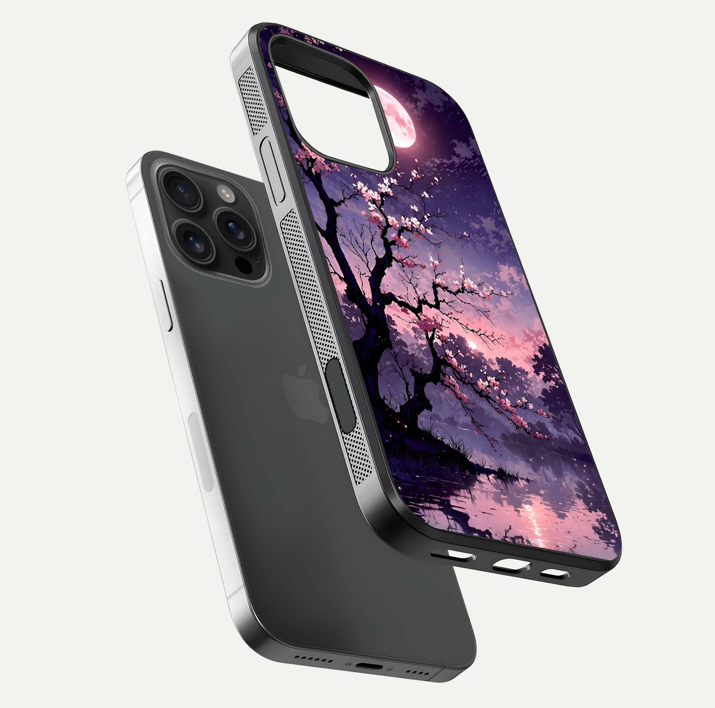 Blossom Pink Moon Glass Case for iPhone 16 Pro Max floating mockup emphasizing dreamy pink moon aura and smooth finish