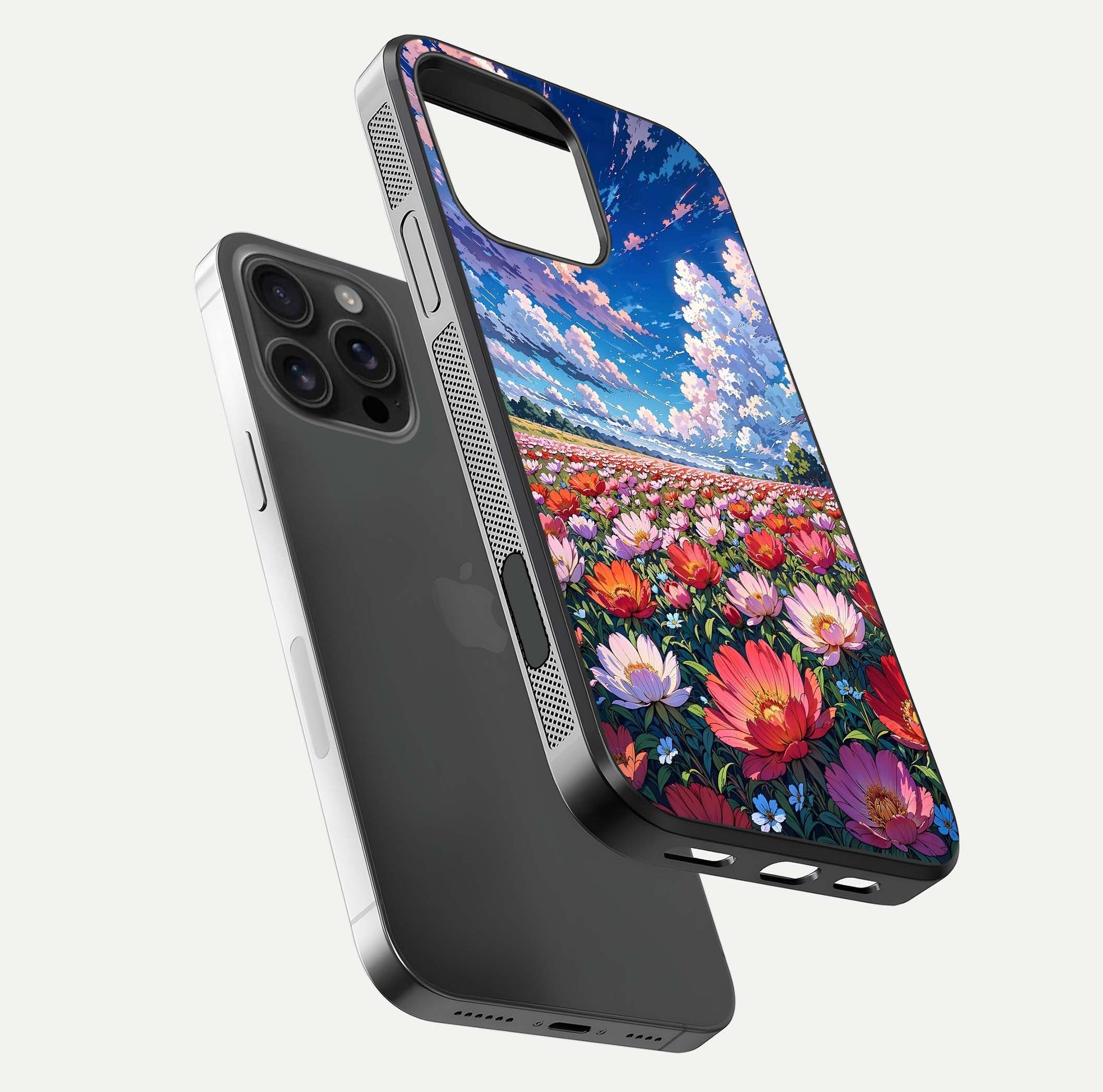 Blossom Sky Field Glass Case for iPhone 16 Pro Max floating mockup displaying sky bloom concept with smooth finish