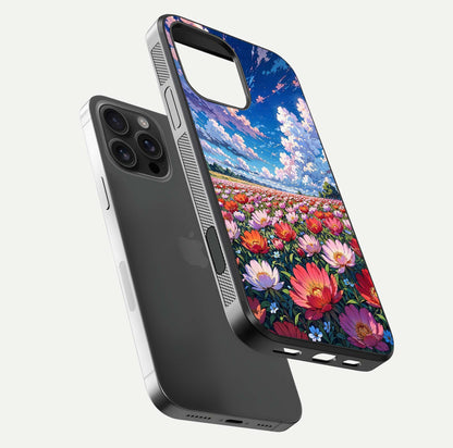 Blossom Sky Field Glass Case for iPhone 16 Pro Max floating mockup displaying sky bloom concept with smooth finish