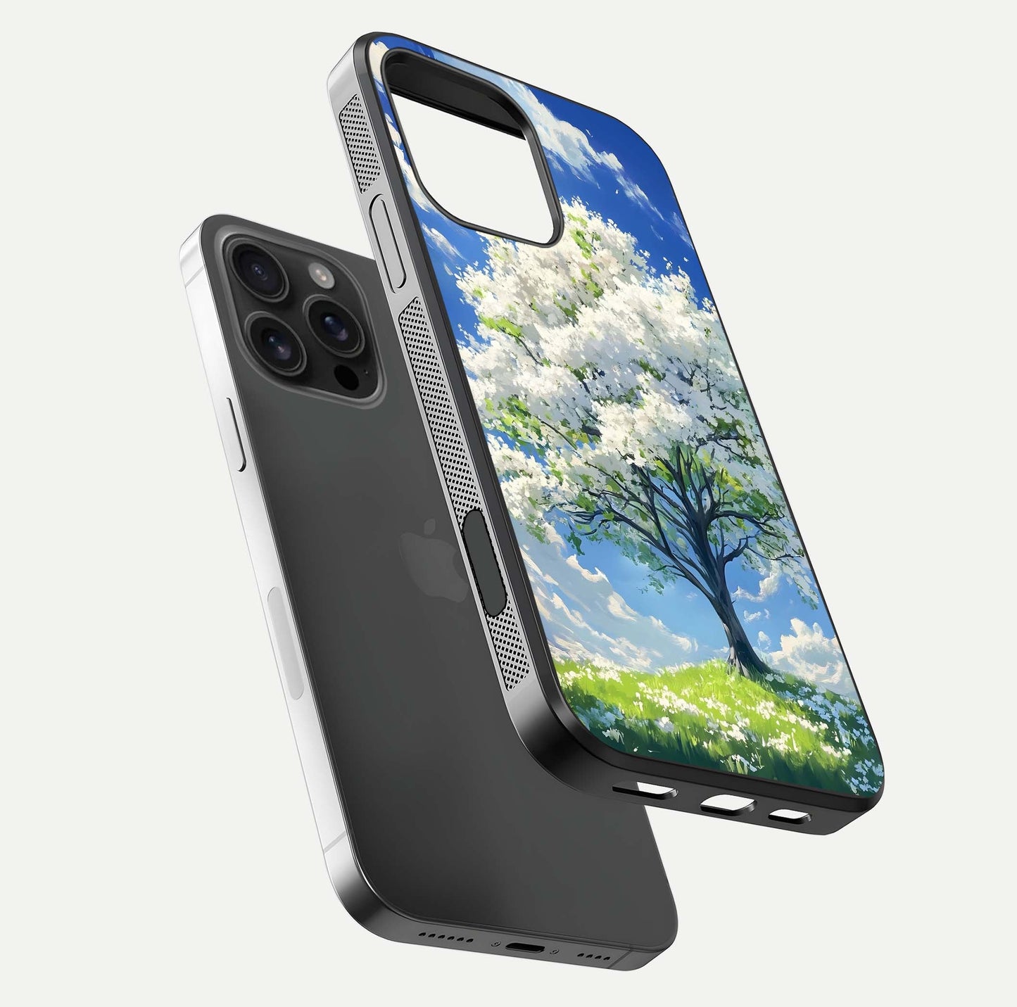 Blossom Sky Serenity Glass Case for iPhone 16 Pro Max floating mockup capturing gloss surface and tranquil design