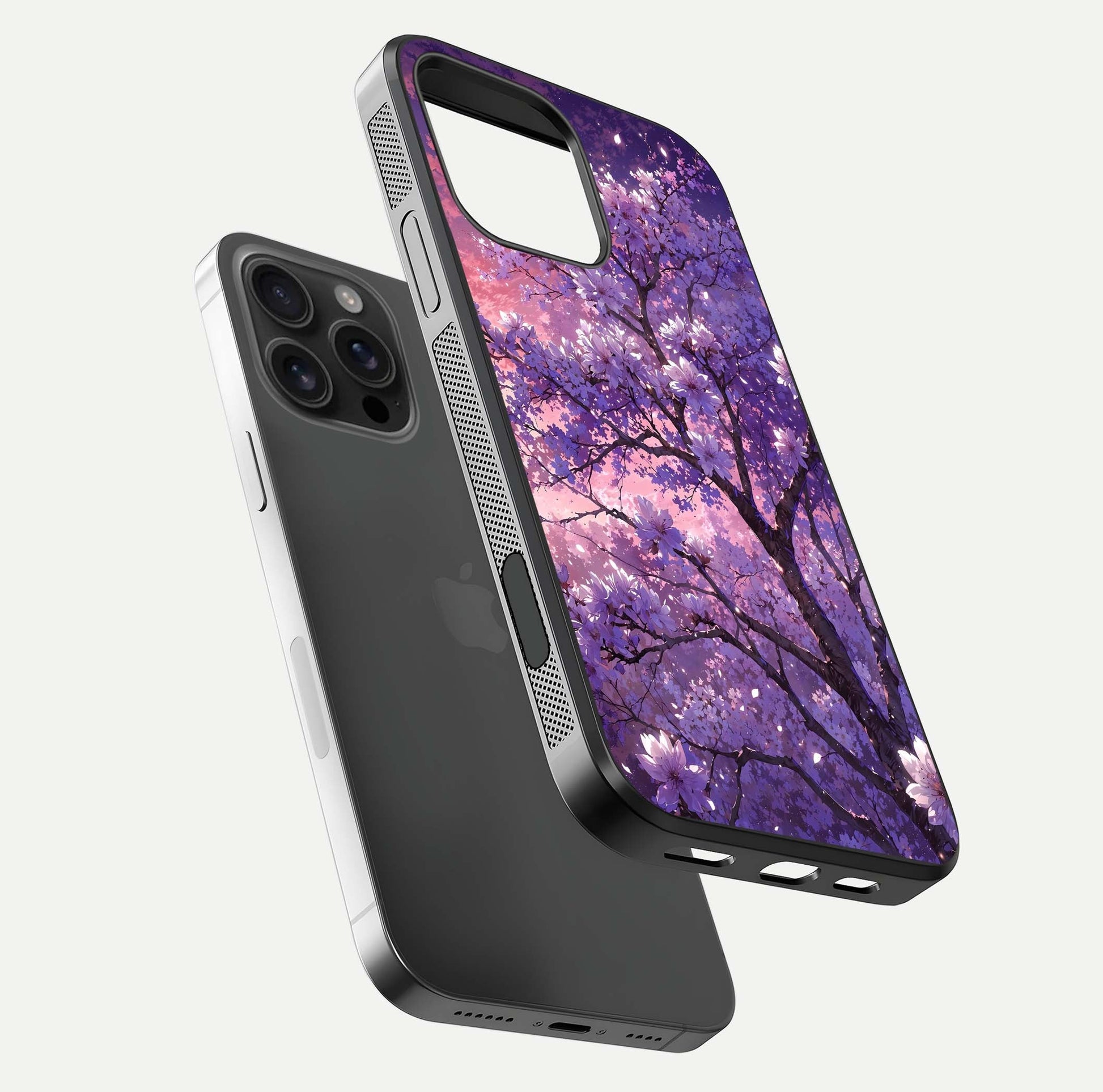 Blossom Tree Glass Case for iPhone 16 Pro Max floating dual-mockup displaying texture detail and curved edges