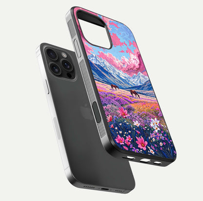 Blossom Valley Dream Glass Case for iPhone 16 Pro Max floating mockup showing floral valley blend and reflective surface