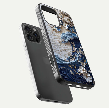 Blossom Wave Art Glass Case for iPhone 16 Pro Max floating mockup displaying pattern details and reflective shine