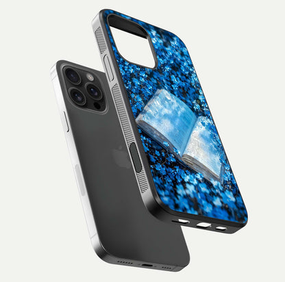 Blue Bloom Tales Glass Case for iPhone 16 Pro Max floating mockup showing detailed bloom and reflective surface