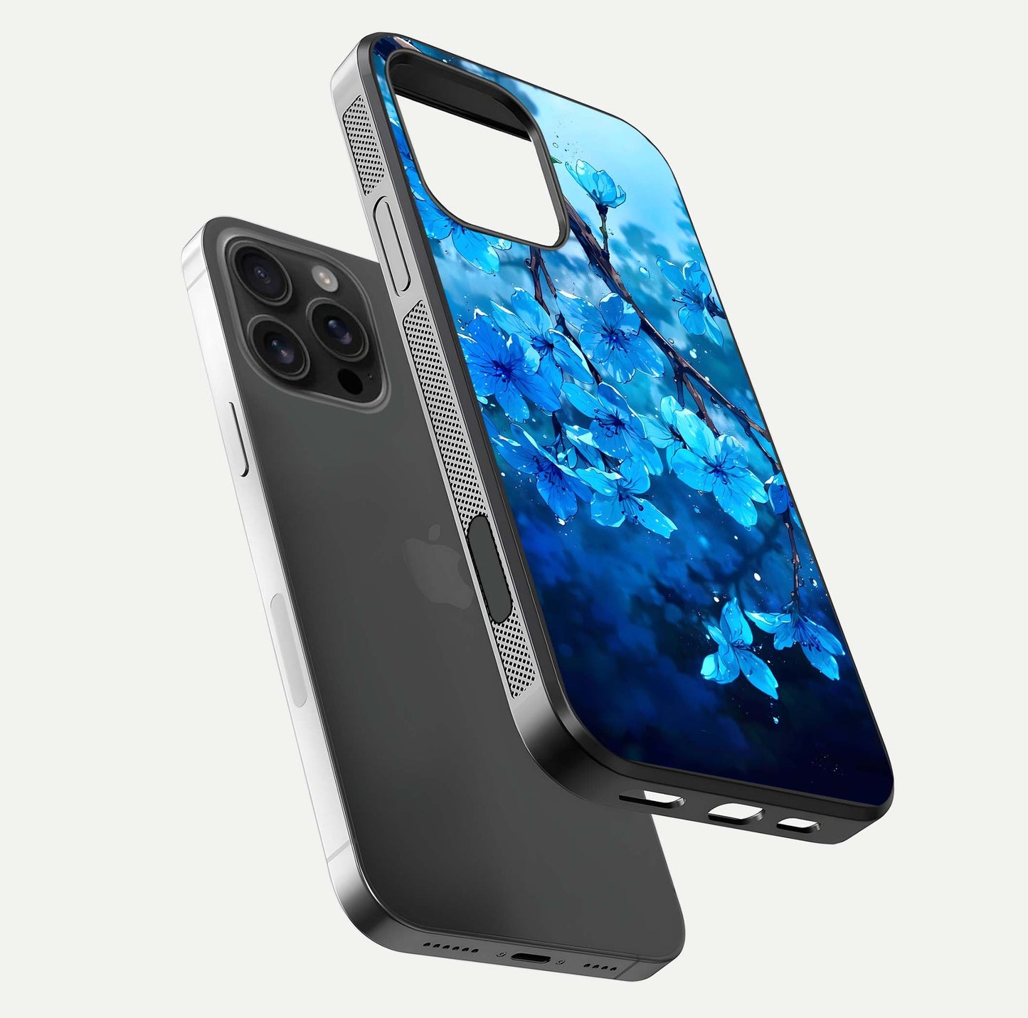 Blue Blossoms Branch Glass Case for iPhone 16 Pro Max floating mockup showing shine, curved edges, and branch detailing