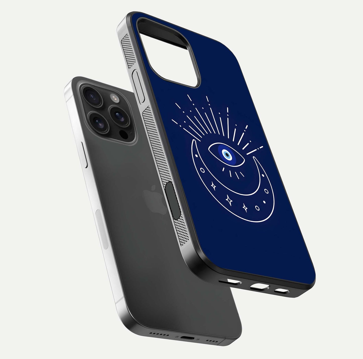 Blue Evil Eye Glass Case for iPhone 16 Pro Max floating mockup displaying glossy protection and spiritual artwork