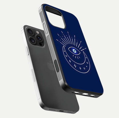 Blue Evil Eye Glass Case for iPhone 16 Pro Max floating mockup displaying glossy protection and spiritual artwork