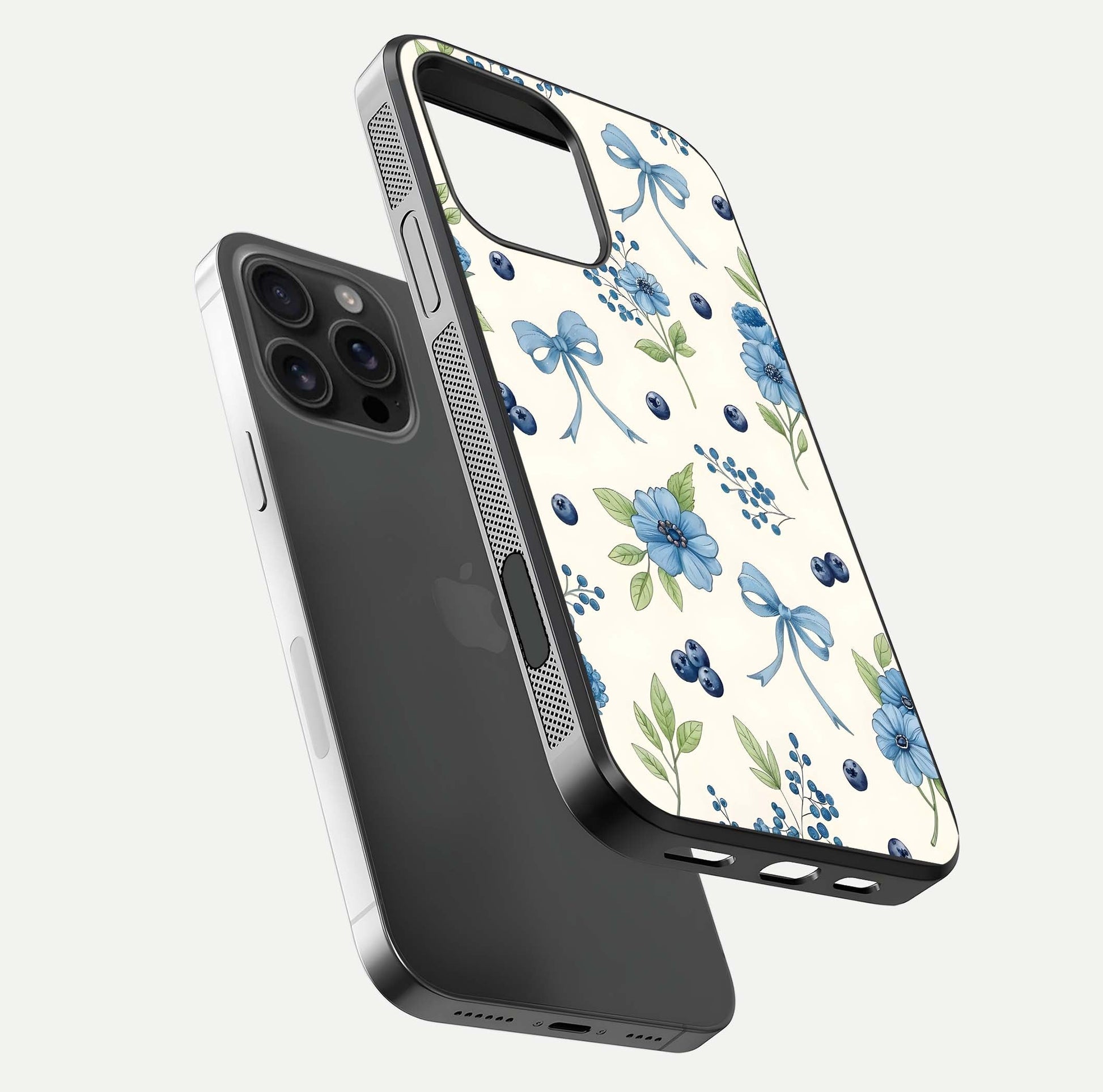 Blue Flower & Bow Glass Case for iPhone 16 Pro Max floating mockup capturing gloss reflection and girly aesthetic