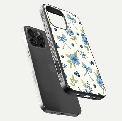 Blue Flower & Bow Glass Case for iPhone 16 Pro Max floating mockup capturing gloss reflection and girly aesthetic