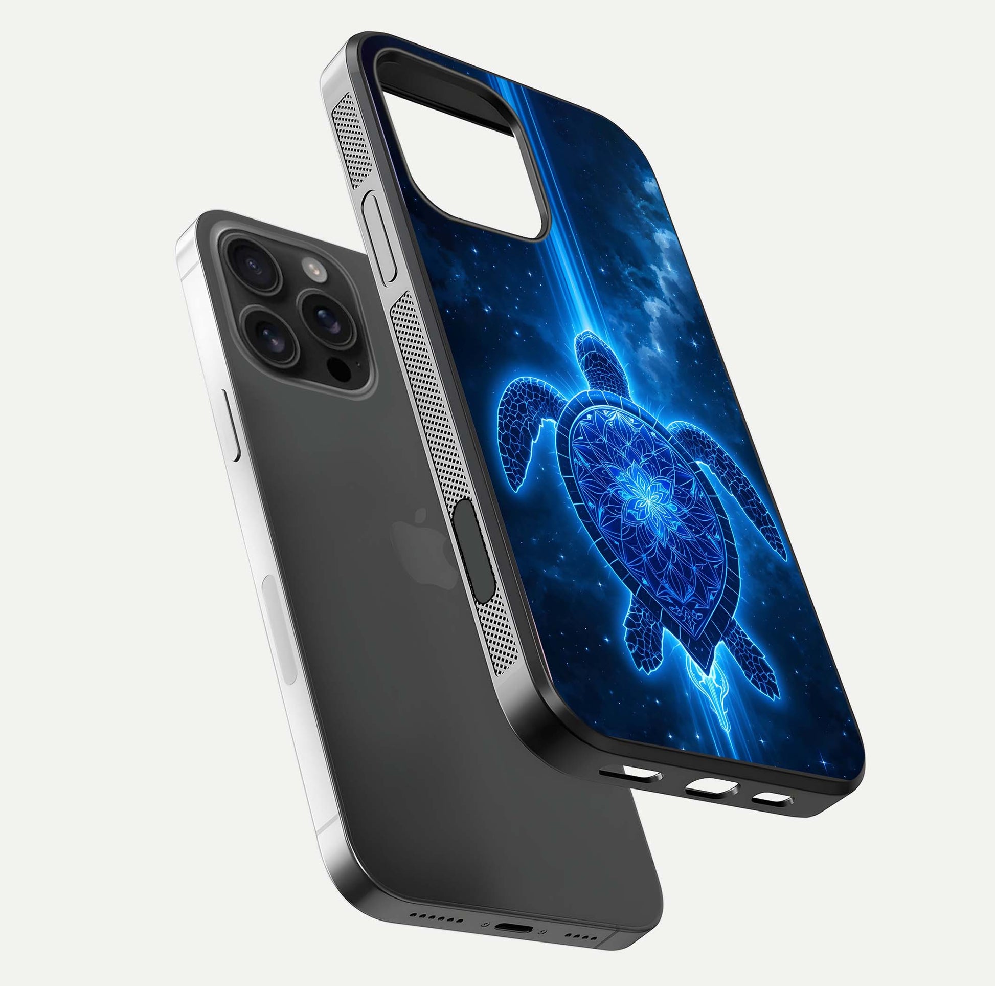 Blue Galaxy Turtle Glass Case for iPhone 16 Pro Max floating dual-mockup showing gloss depth and color transitions
