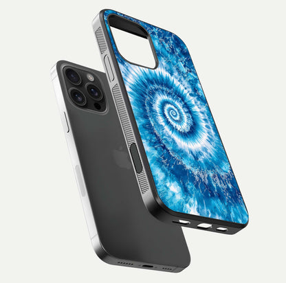 Blue Galaxy Wave Glass Case for iPhone 16 Pro Max floating mockup revealing cosmic depth and curved-edge texture