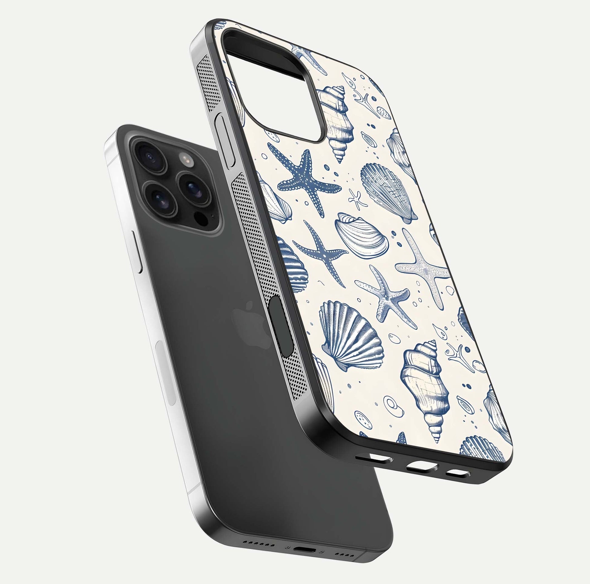 Blue Ocean Outline Glass Case for iPhone 16 Pro Max floating mockup displaying marine-inspired aesthetic and smooth surface