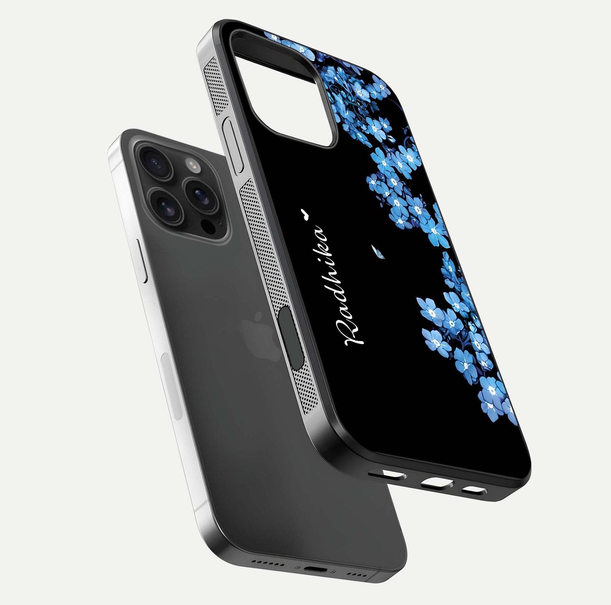 Blue Petal Dream Custom Name Glass Case for iPhone 16 Pro Max floating mockup capturing floral tones and glass shine