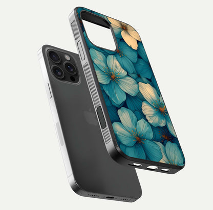 Blue Shade Floral Glass Case for iPhone 16 Pro Max floating mockup revealing gloss highlight and floral depth