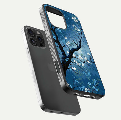 Blue Tree Serenity Glass Case for iPhone 16 Pro Max floating mockup displaying serene tones and HD glass polish