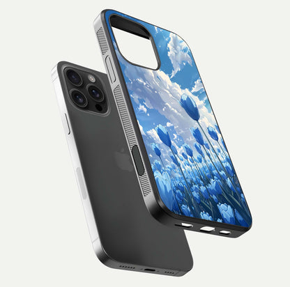 Blue Tulip Clouds Glass Case for iPhone 16 Pro Max floating mockup displaying tulip-cloud fusion art and smooth glass gloss