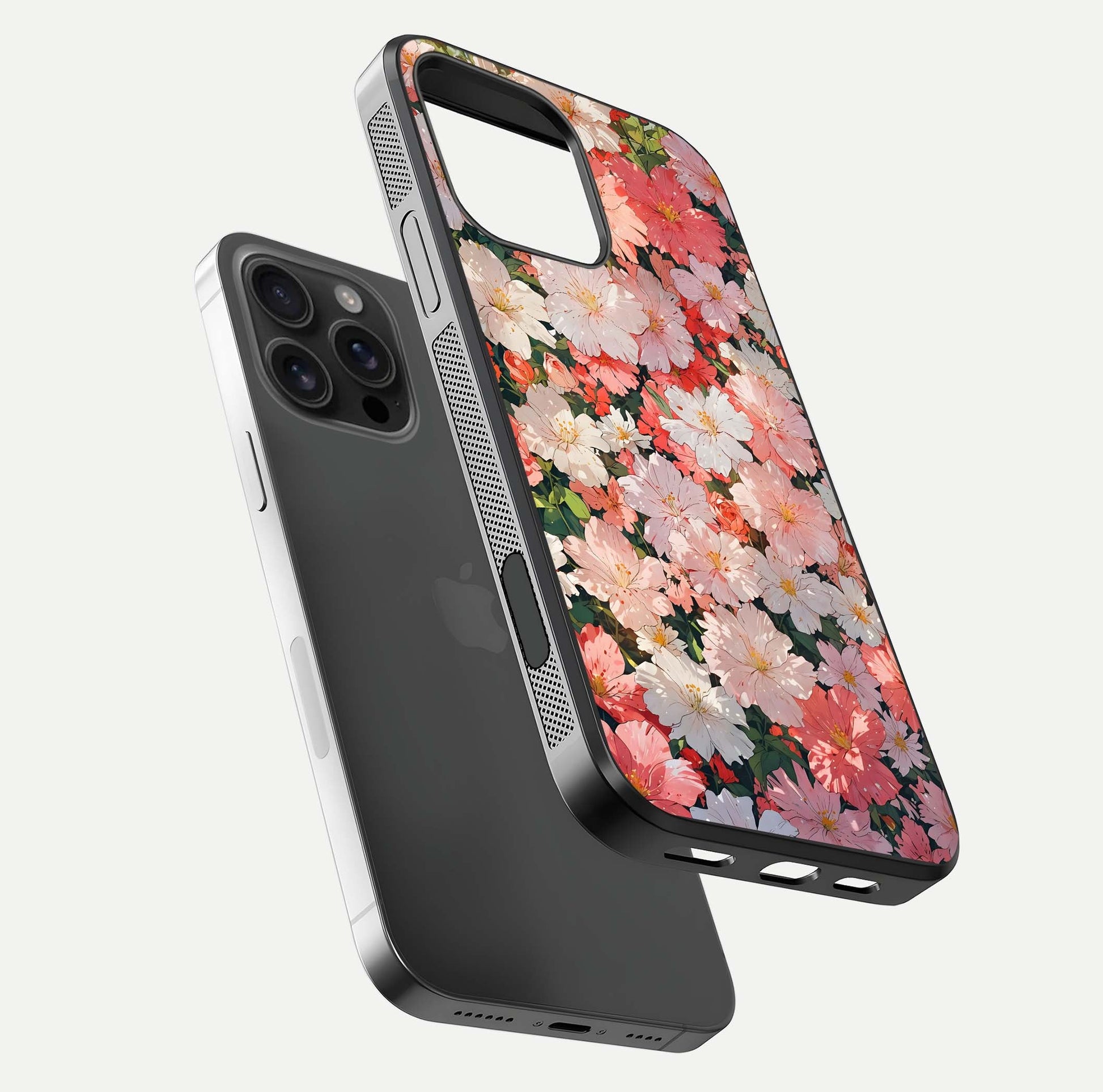 Blush Bloom Field Glass Case for iPhone 16 Pro Max floating mockup highlighting floral spread and edge reflection