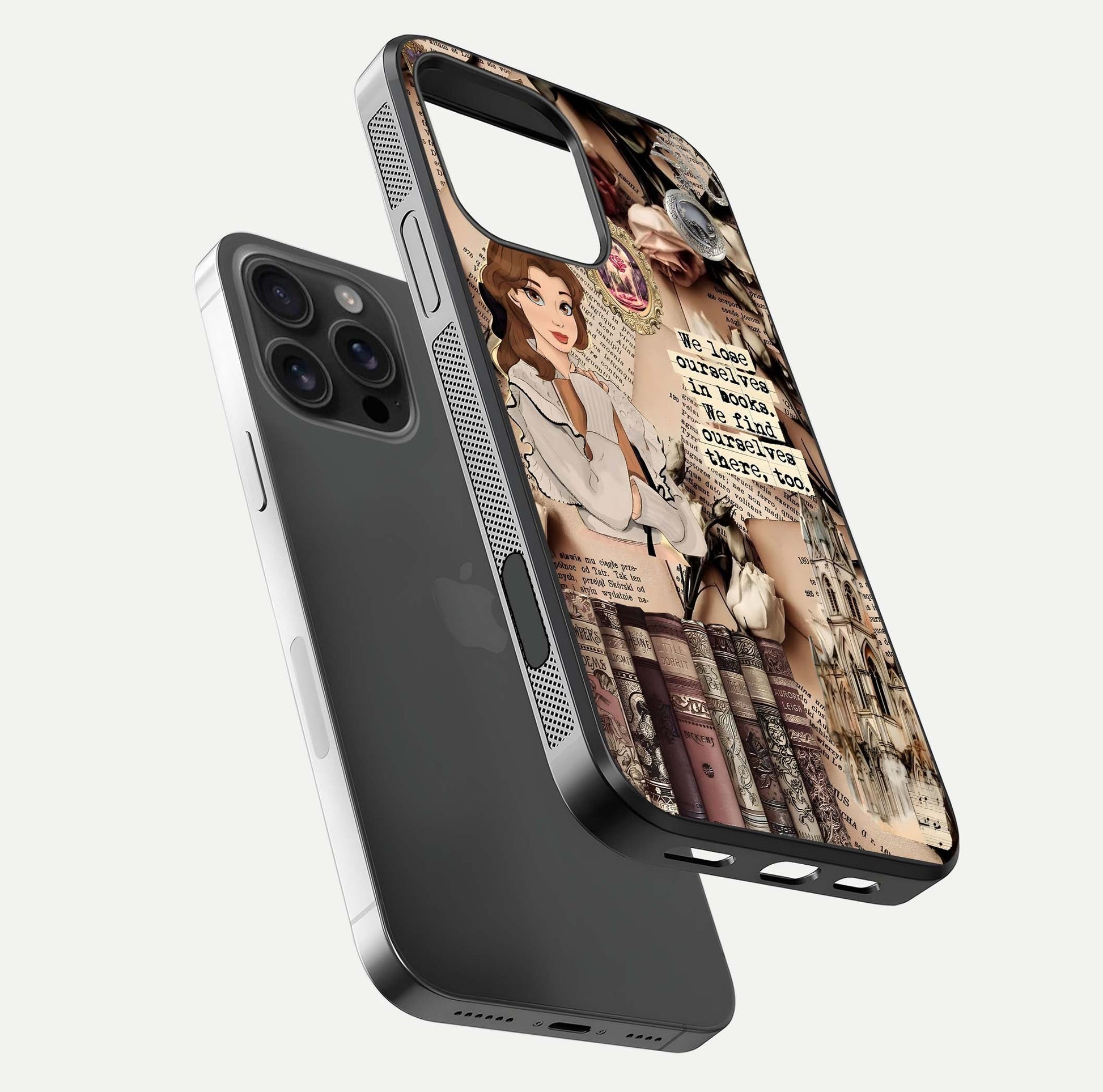 Bookish Dream World Glass Case for iPhone 16 Pro Max floating mockup capturing gloss shine and artistic balance