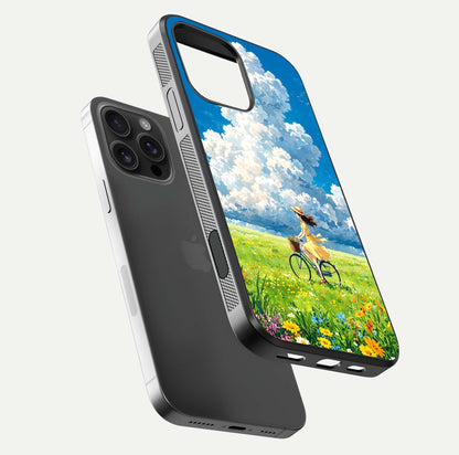 Breezy Meadow Ride Glass Case for iPhone 16 Pro Max floating mockup capturing serene tones and smooth finish