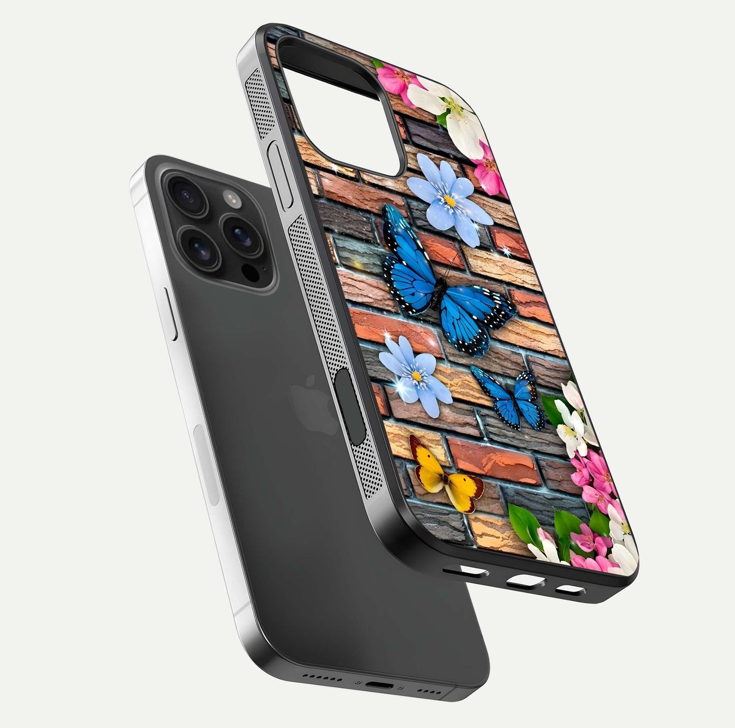 Brick Bloom Flight Glass Case for iPhone 16 Pro Max floating mockup displaying gloss reflection and pattern vibrancy