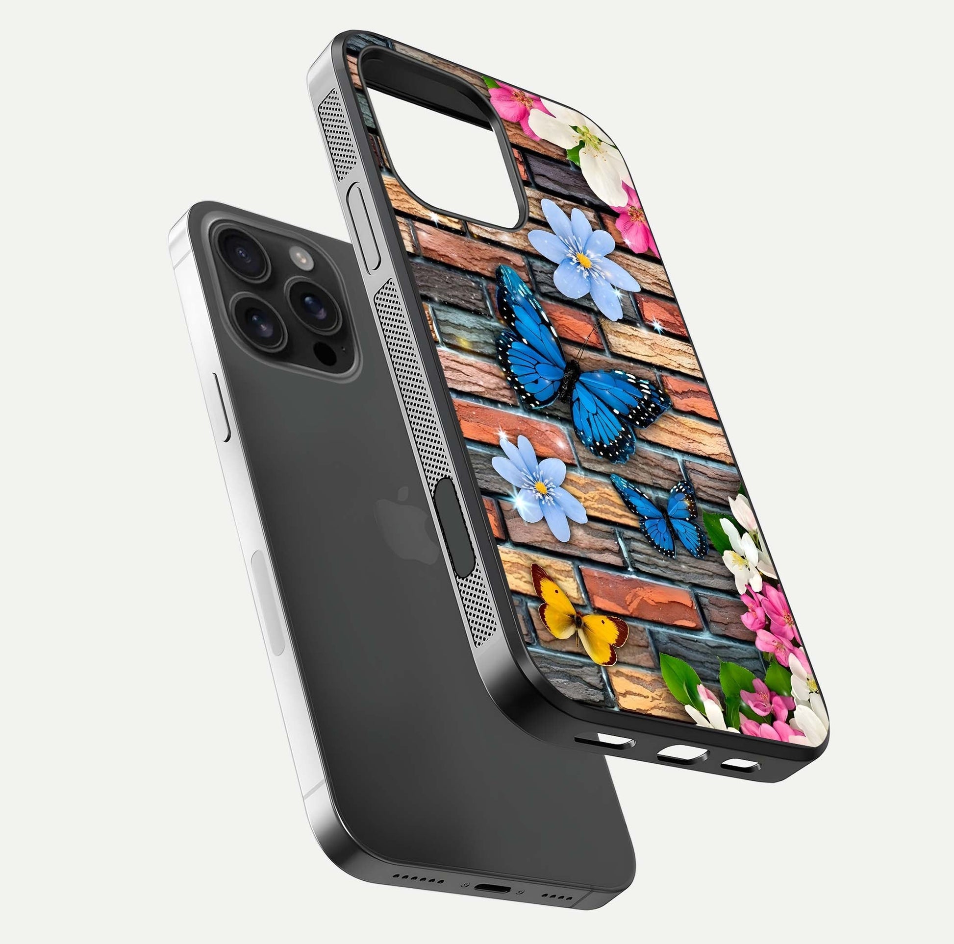 Brick Bloom Flight Glass Case for iPhone 16 Pro Max floating mockup displaying gloss reflection and pattern vibrancy