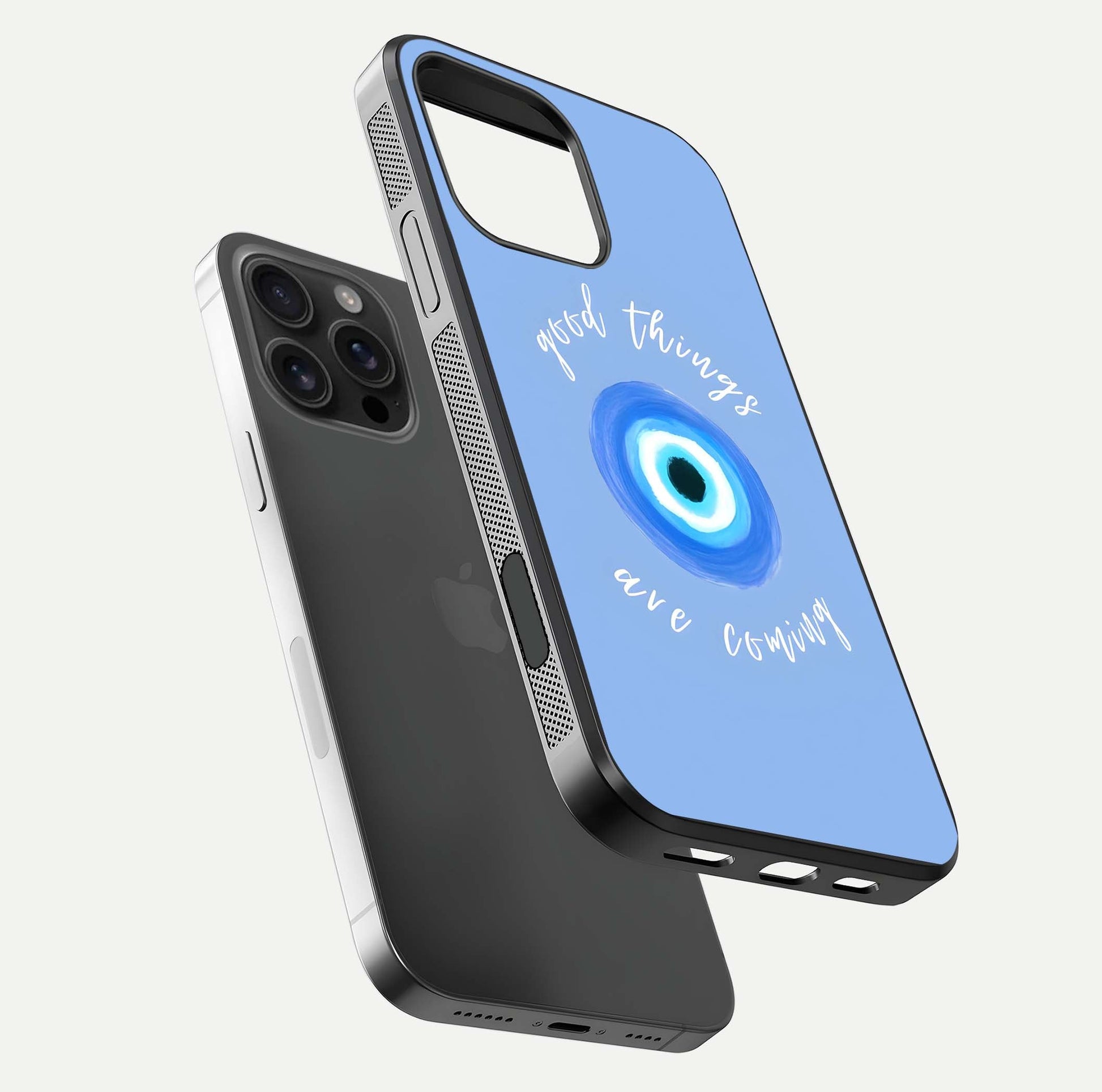 Bright Future Ahead Glass Case for iPhone 16 Pro Max floating mockup showing sleek design and positive quote print