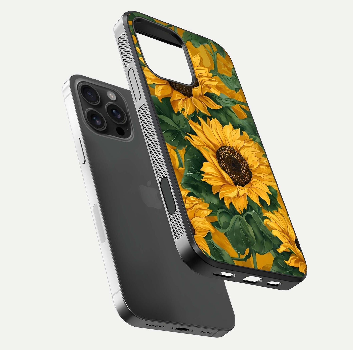 Bright Sunflower Bloom Glass Case for iPhone 16 Pro Max floating mockup capturing vibrant tones and gloss surface