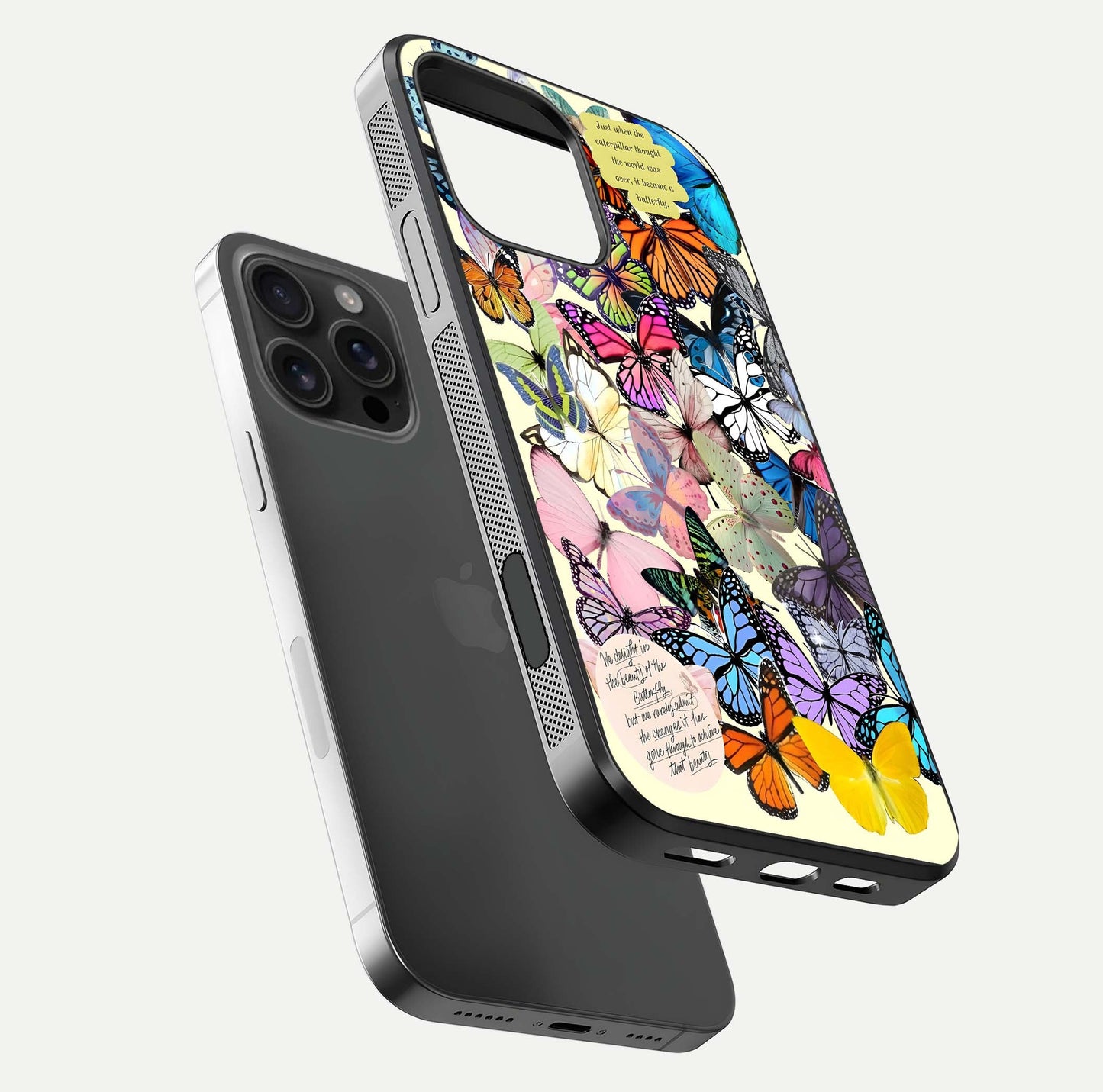Butterflies Petal Dream Glass Case for iPhone 16 Pro Max floating mockup displaying detailed print and premium glass glow