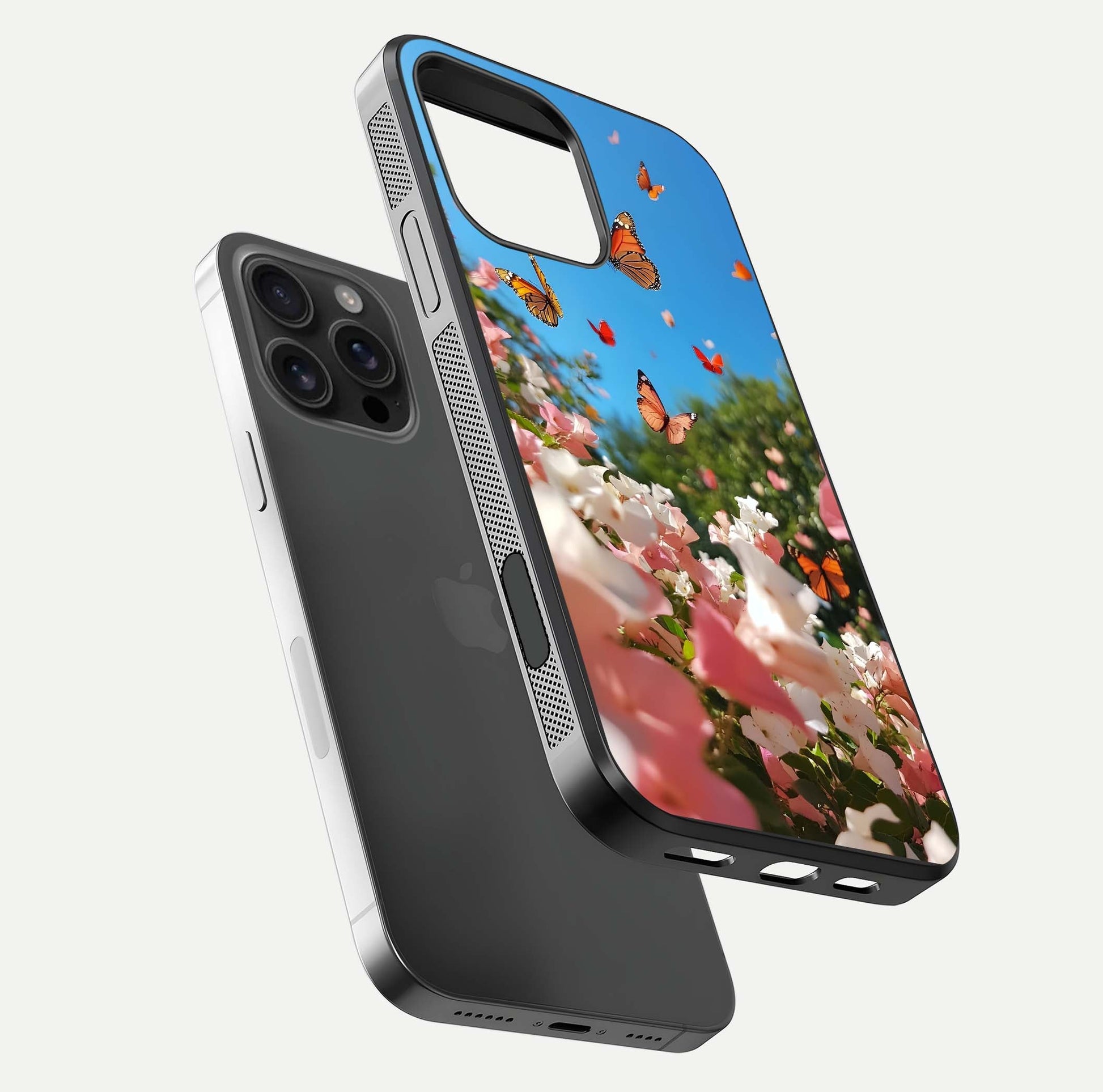 Butterflies in Bloom Sky Glass Case for iPhone 16 Pro Max floating mockup capturing butterfly motion and edge design