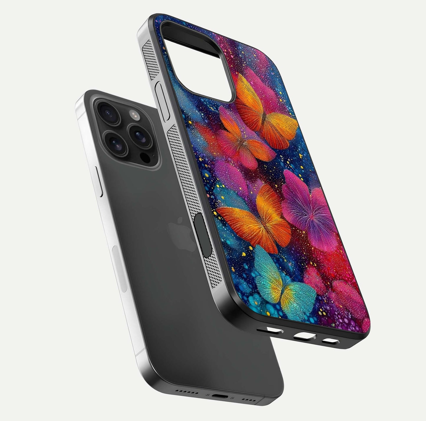 Butterfly Dream Mist Glass Case for iPhone 16 Pro Max floating mockup displaying glass shine and ethereal art depth