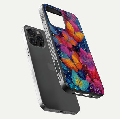 Butterfly Dream Mist Glass Case for iPhone 16 Pro Max floating mockup displaying glass shine and ethereal art depth