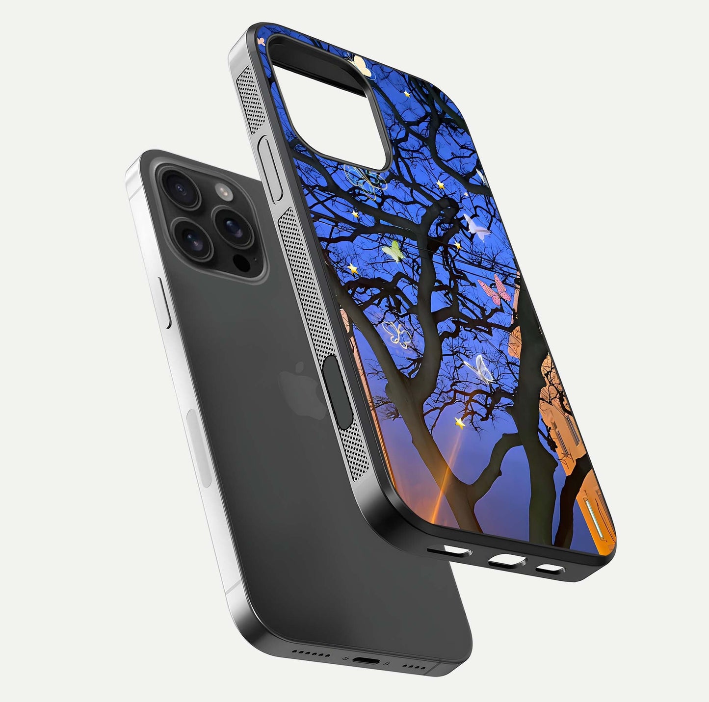 Butterfly Night Magic Glass Case for iPhone 16 Pro Max floating mockup showing night glow and smooth polish