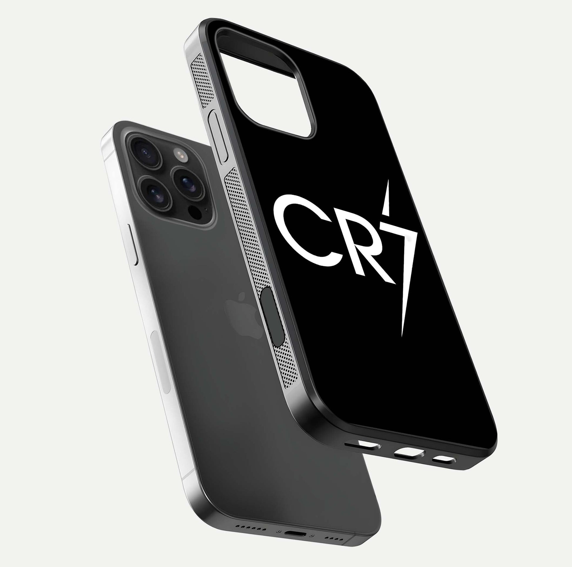 CR7 Elite Strike Glass Case for iPhone 16 Pro Max floating mockup displaying HD gloss and sporty texture
