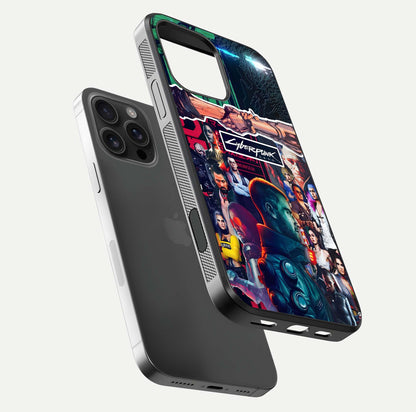 CYBERPUNK Legacy Glass Case for iPhone 16 Pro Max floating mockup showing HD gloss and neon glow detail
